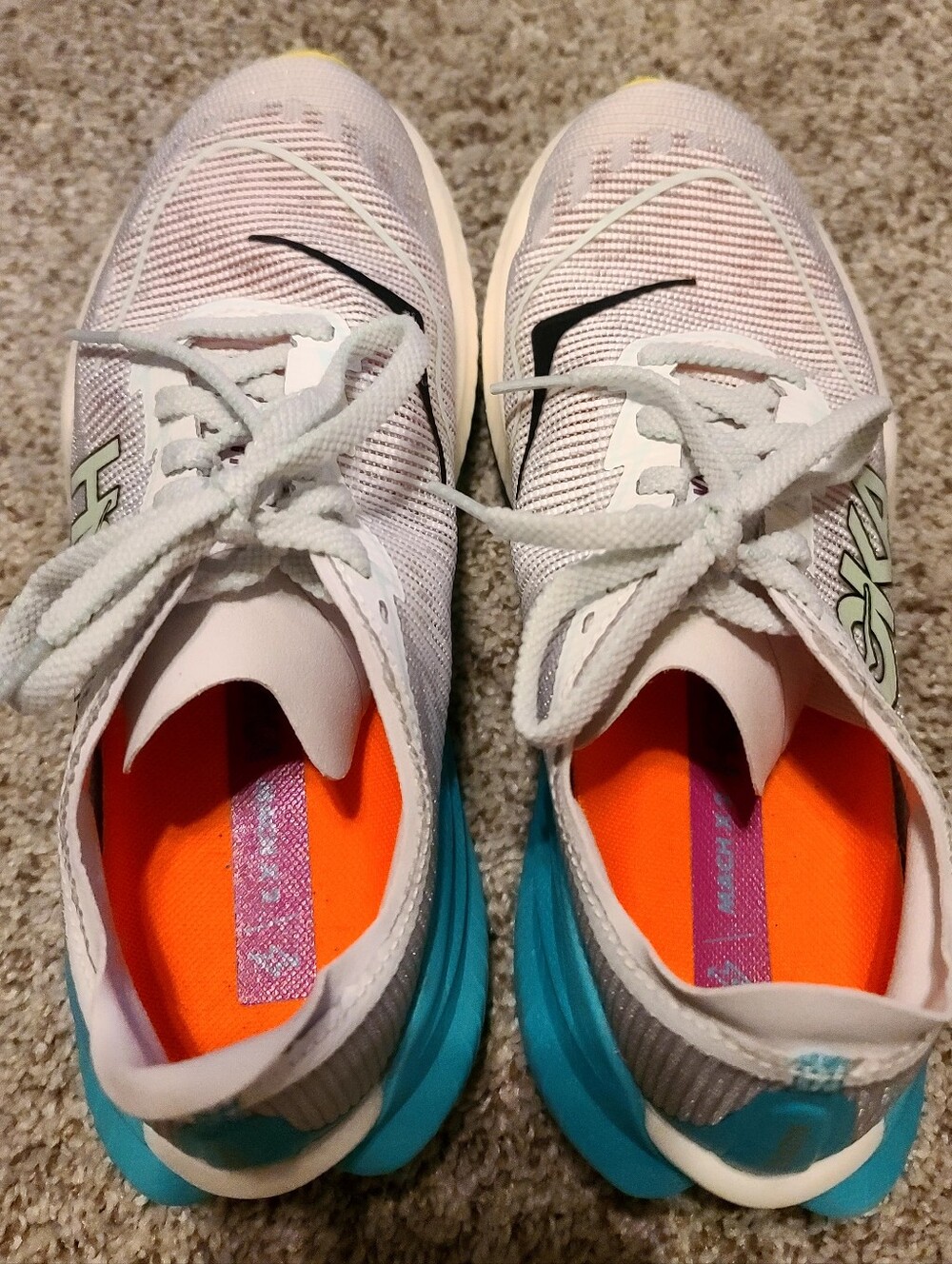 Women's 7B, Hoka Mach X2 White Teal Athletic Running Shoes with Orange - Picture 4 of 10